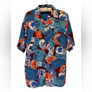 CACTUS Black Label Men's sz. Large Blue Hawaiian Stamp Collection Shirt